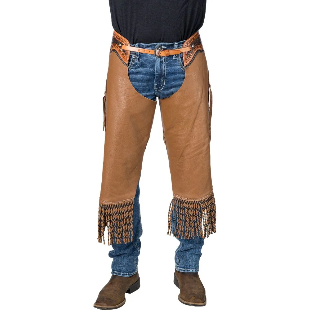 12962-silver-royal-caramel-leather-chinks-with-twisted-fringe-2.webp Silver Royal Caramel Leather Chinks with Twisted Fringe