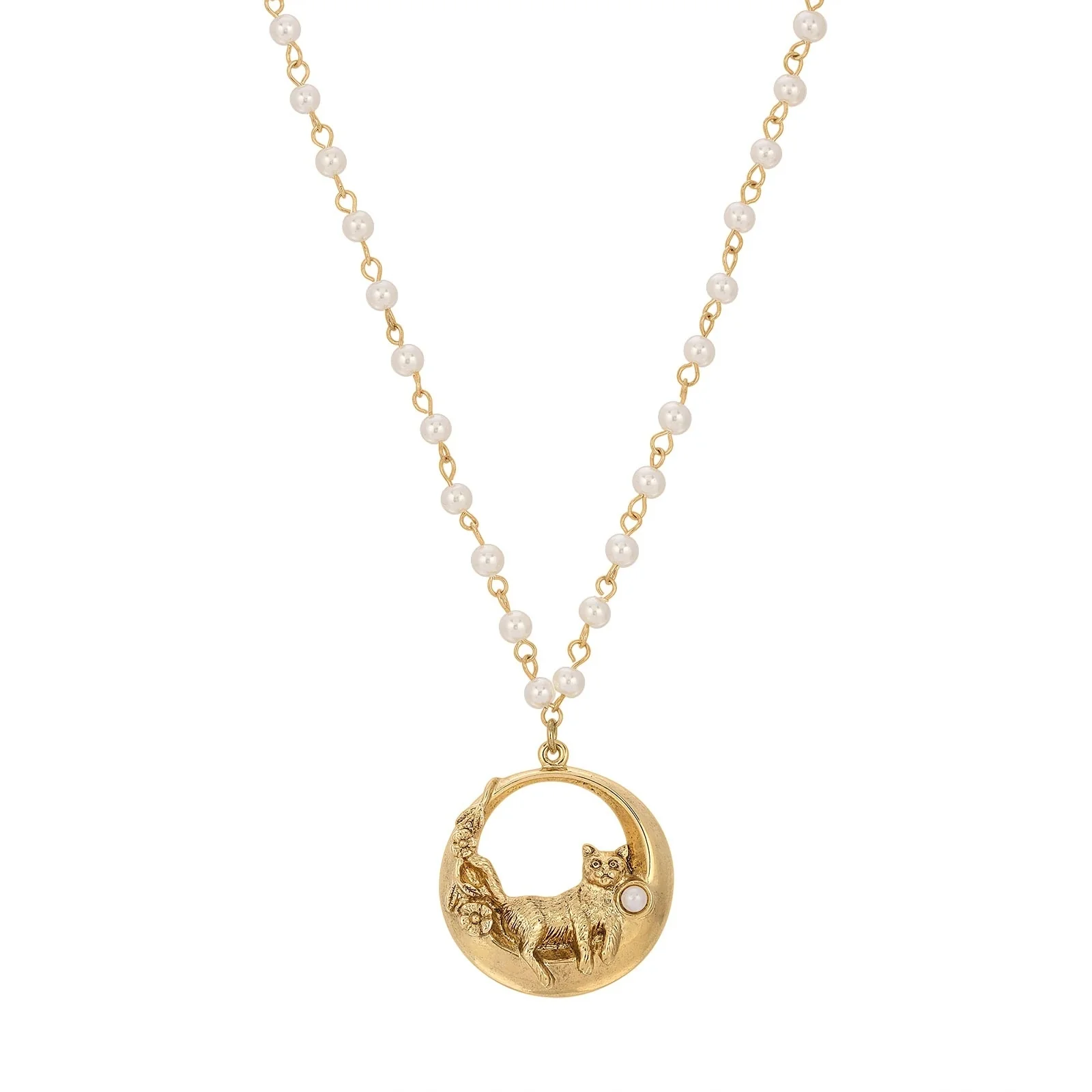17958-1928-jewelry-faux-pearl-and-cat-pendant-necklace-1.webp 1928 Jewelry Faux Pearl And Cat Pendant Necklace