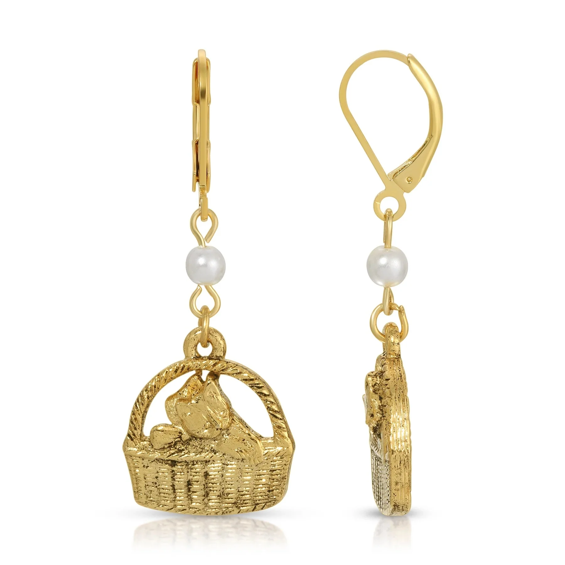 17960-1928-jewelry-faux-pearl-cat-in-handbasket-dangling-earrings-1.webp 1928 Jewelry Faux Pearl Cat In Handbasket Dangling Earrings