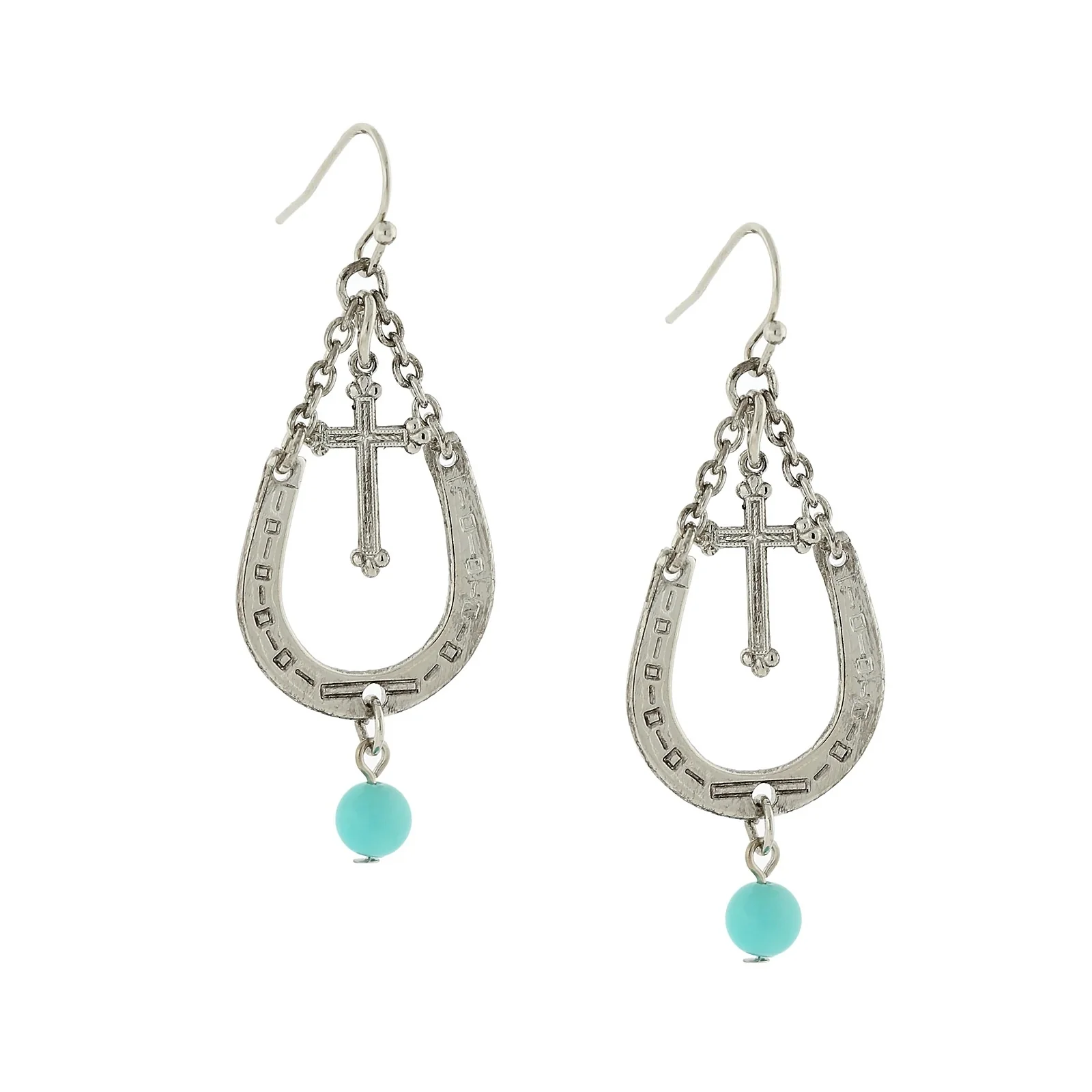 17962-1928-jewelry-faux-turquoise-accent-horseshoe-and-cross-drop-earrings-1.webp 1928 Jewelry Faux Turquoise Accent Horseshoe and Cross Drop Earrings