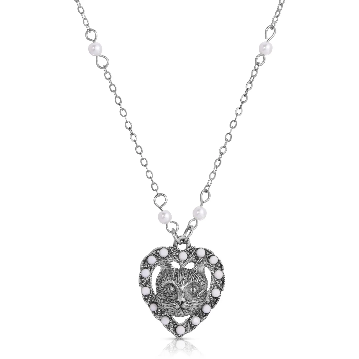 1928 Jewelry Heart And Cat White Opaque Accent Stone Faux Pearl Pendant Necklace