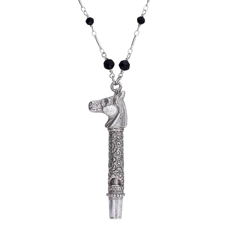 1928 Jewelry Horse Head Whistle Black Beaded Neckl
