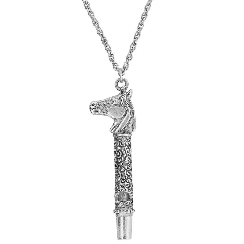 1928 Jewelry Horse Head Whistle Necklace 30" Pewte