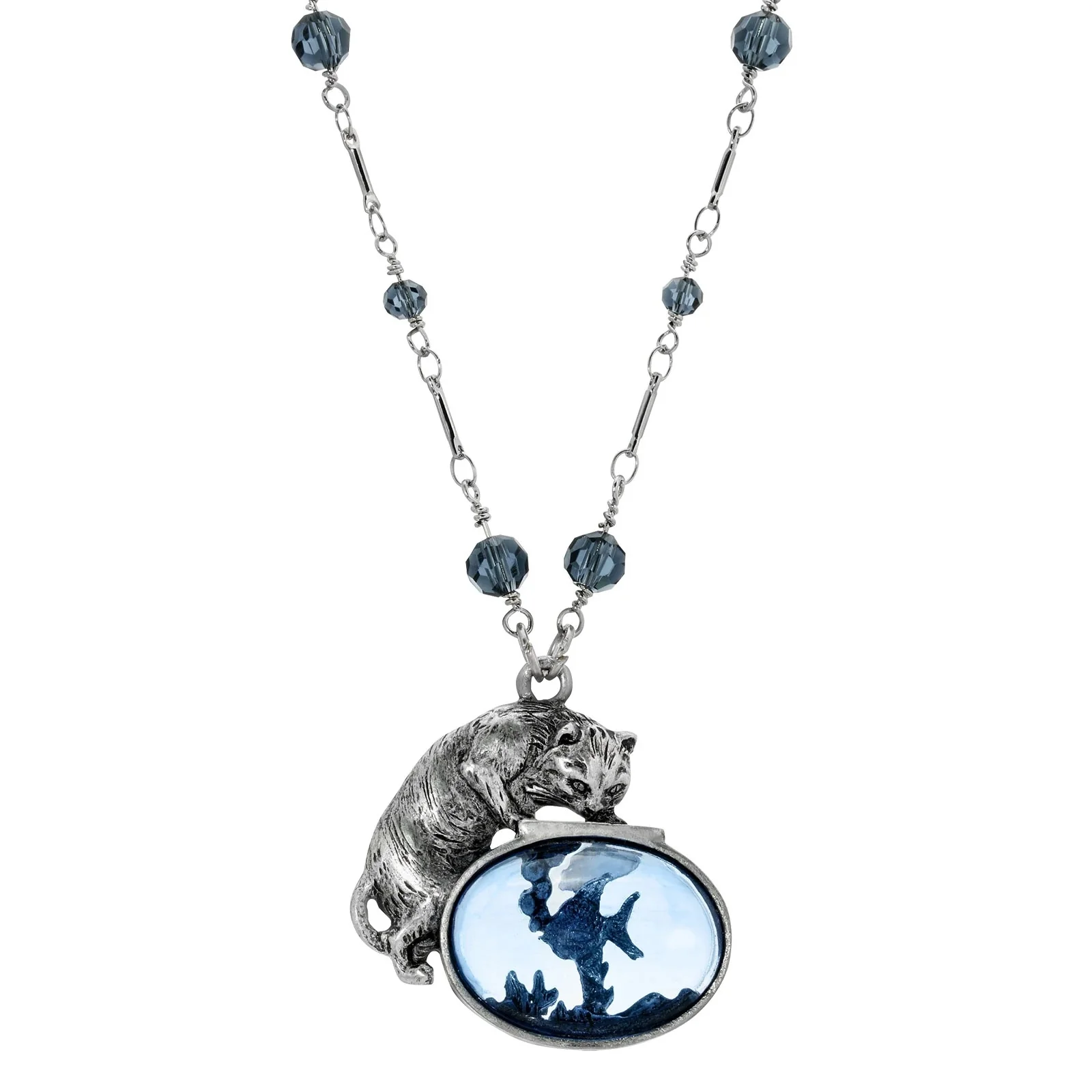 18014-1928-jewelry-montana-blue-beaded-pewter-cat-and-fish-necklace-1.webp 1928 Jewelry Montana Blue Beaded Pewter Cat And Fish Necklace