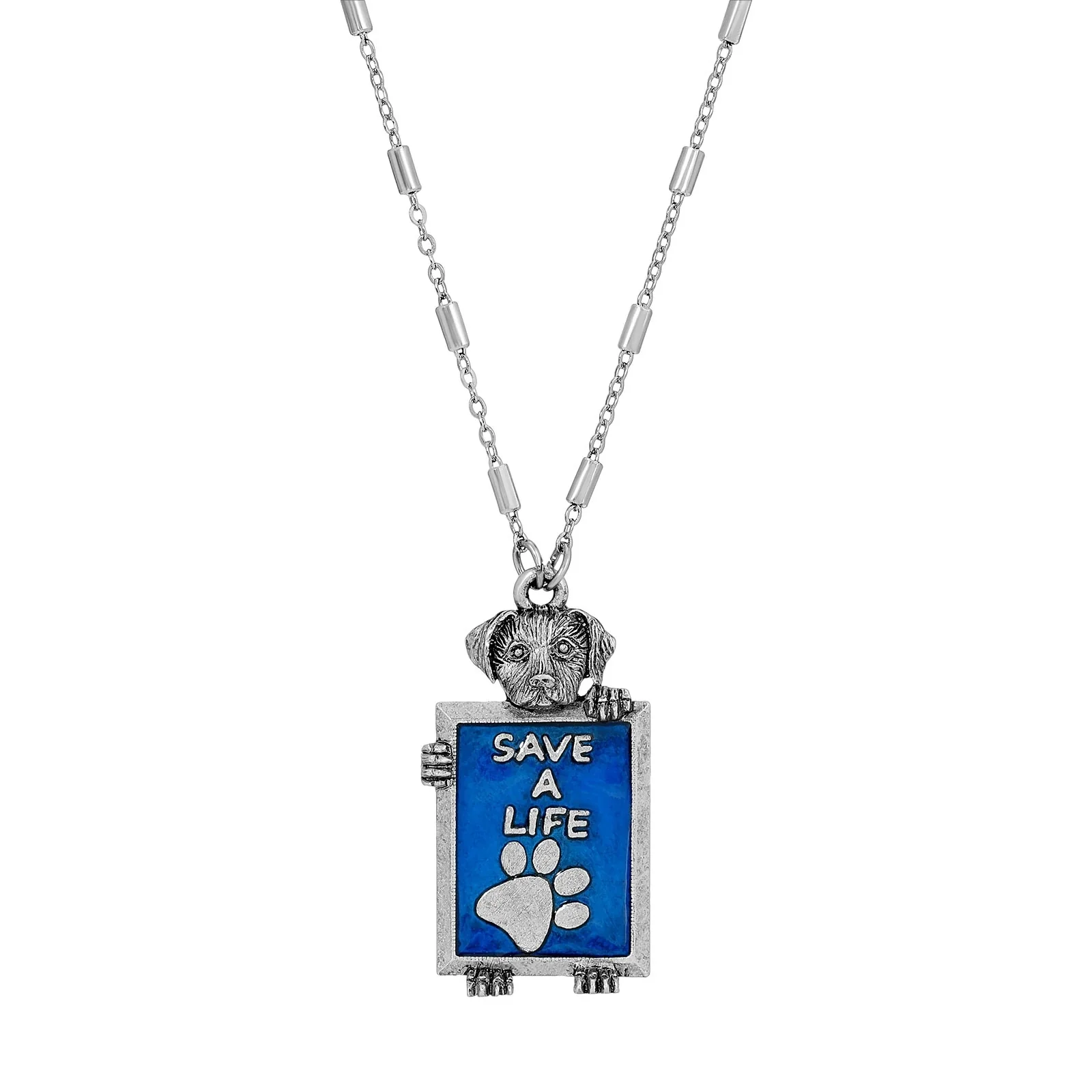 1928 Jewelry Pewter Dog Blue Enamel Save A Life Necklace