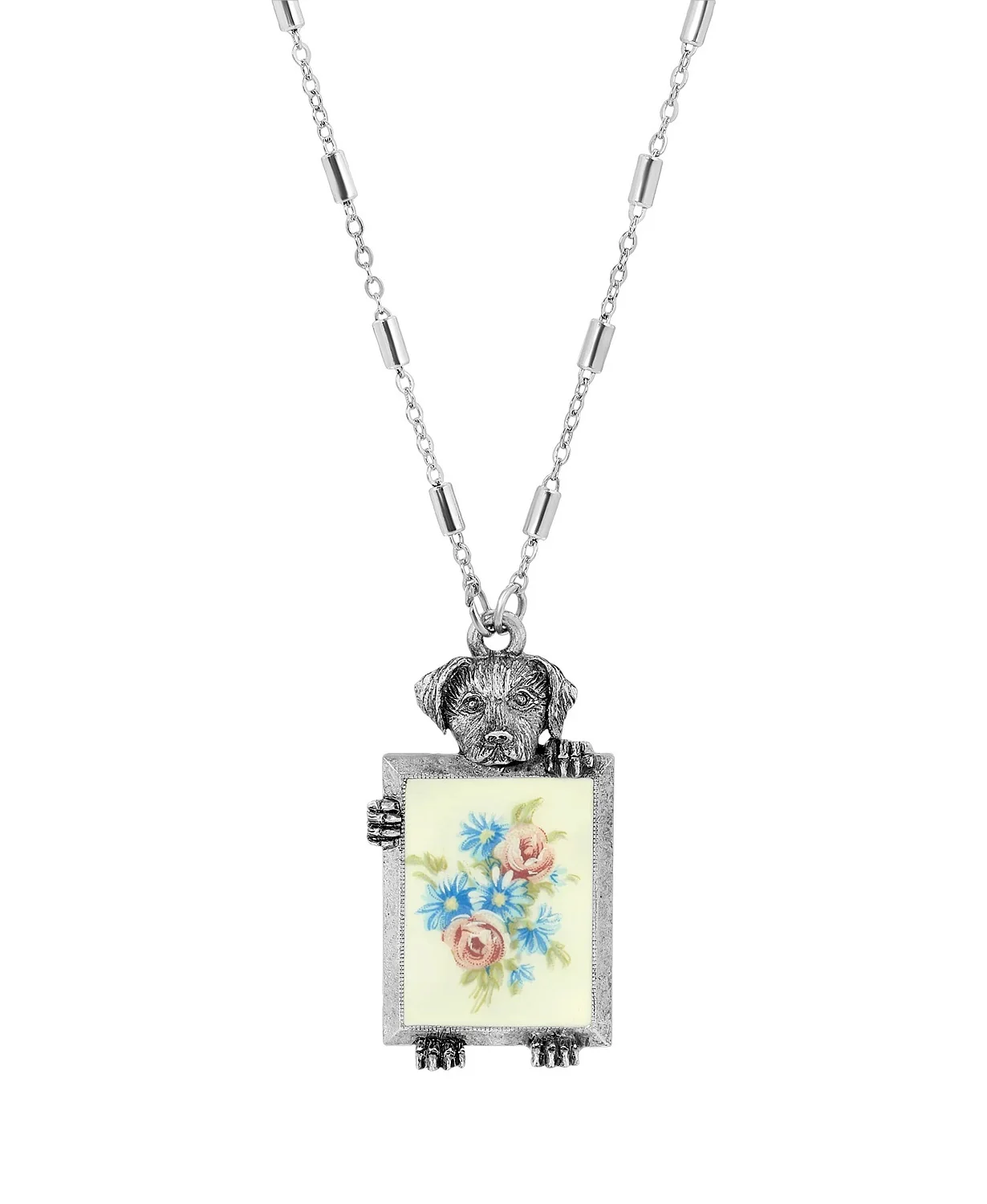 1928 Jewelry Pewter Puppy with Floral Frame Decal Necklace