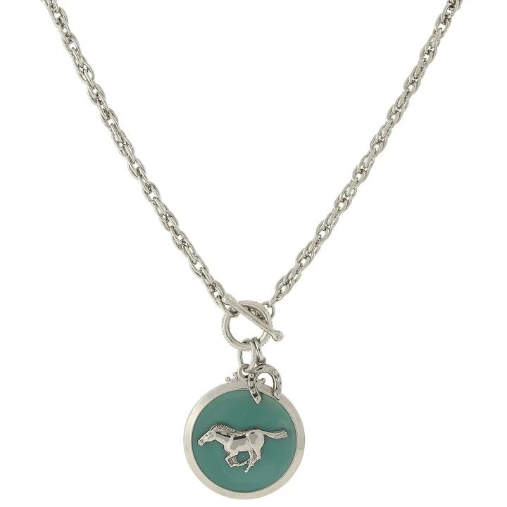 18054-1928-jewelry-turquoise-color-enamel-horse-pendant-toggle-necklace-1.webp 1928 Jewelry Turquoise Color Enamel Horse Pendant Toggle Necklace
